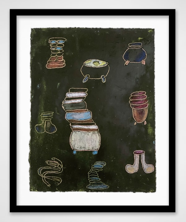 Framed Black paper with 9 oil drawings in yellow, pink, red, blue, and white of oval shapes stacked, swirling forms, and bulbous shapes