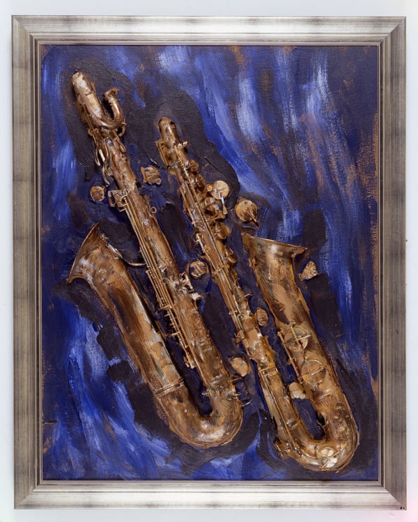 Framed tridimensional blue acrylic painting with a sliced saxophone mounted onto the canvas