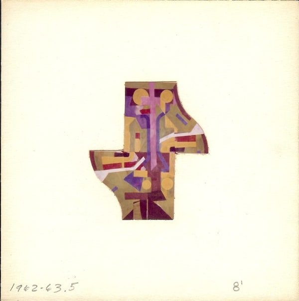 Acrylic painting on paper of a symmetrical shape comprised of abstract patterns in muted reds, yellows, greens, and purples