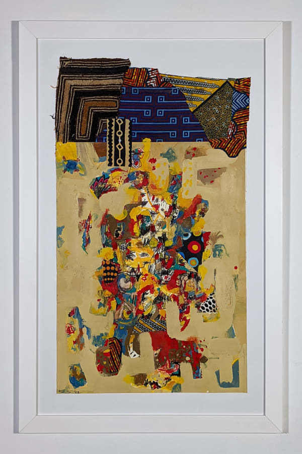 White framed colorful artwork comprised of oil and patterned fabric on print in a "neo-African abstract expressionist" mode