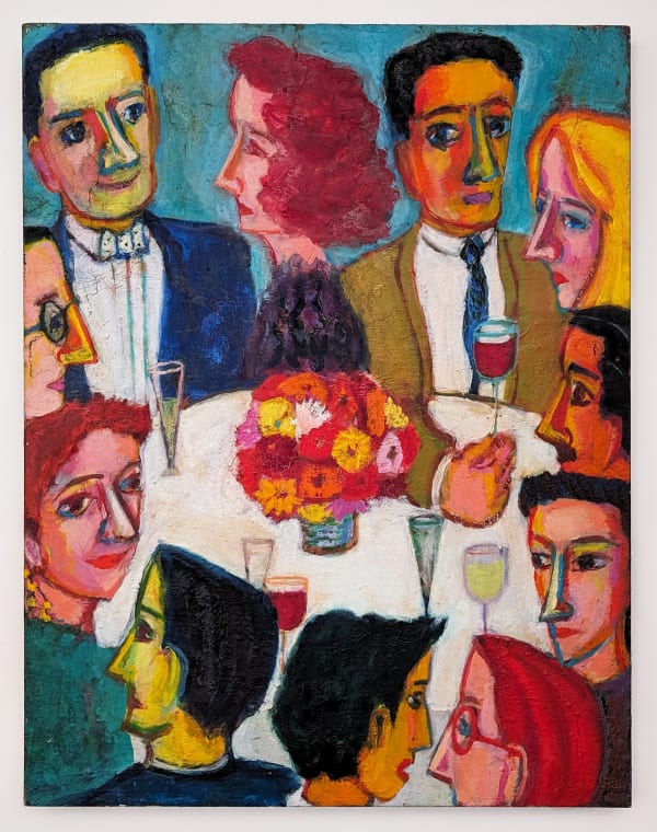 Expressionist oil painting of several figures lively talking to one another around a table set with glasses of wine and flowers