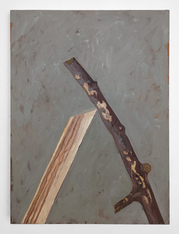 Oil on canvas board painting of two branches intersecting with a gray background.