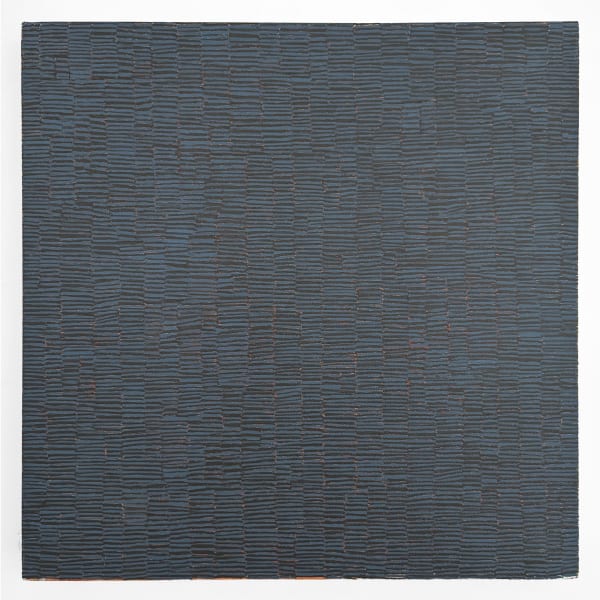 Oil on canvas miniature black and blue lines creating a pattern.