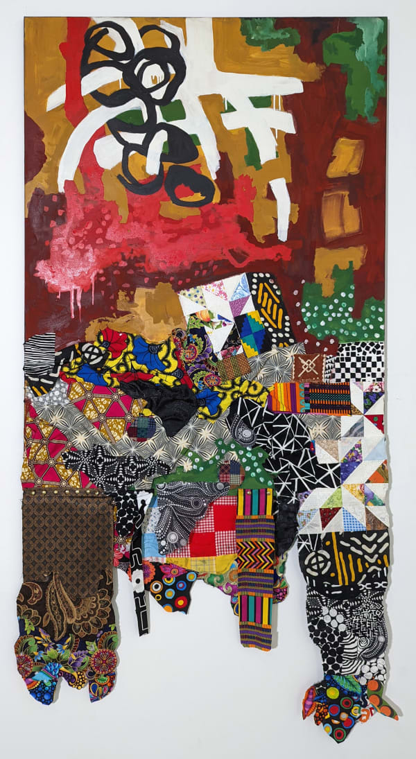 A colorful artwork comprised of oil paint and patterned fabric hanging past the bottom of the canvas in a "neo-African abstract expressionist" mode