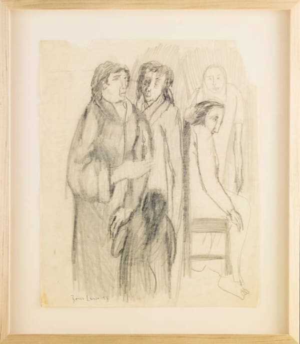 Framed pencil drawing on yellowed paper of a four adult silhouettes of various ages (one seated) and a child