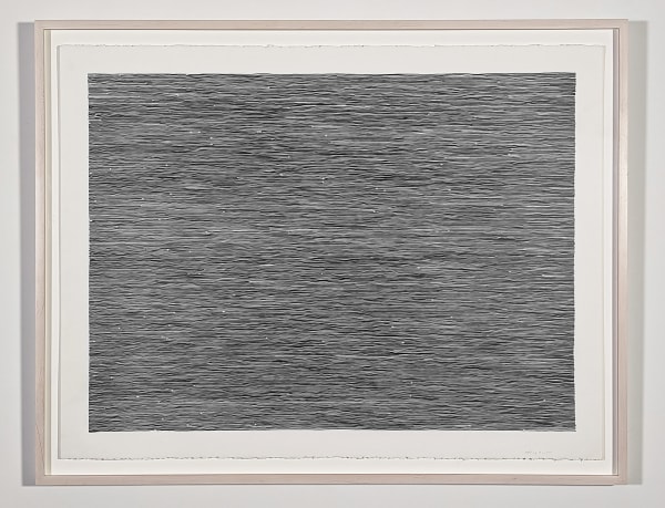 Graphite on paper drawing of precise lines in a rectangular shape.