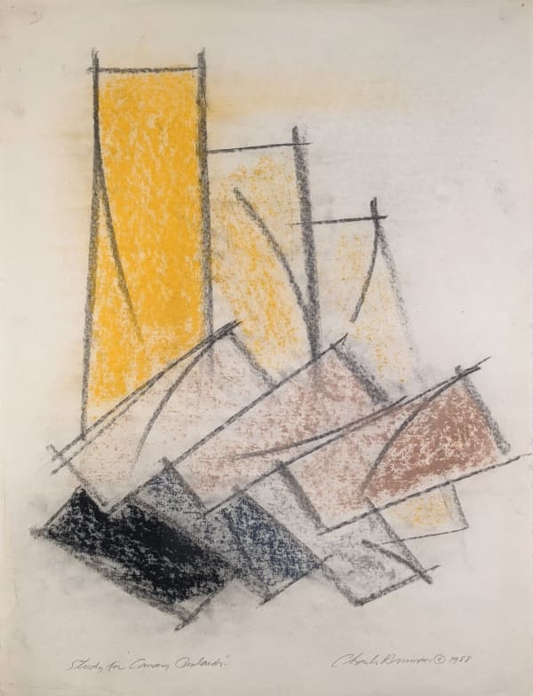 Charcoal, oilstick drawing of tridimensional, vertical structure, yellow, beige, grays, black modules