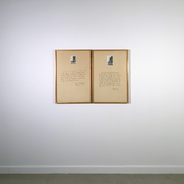 Two photographs and ink on museum board, both are photos in black and white on beige paper with black writing below