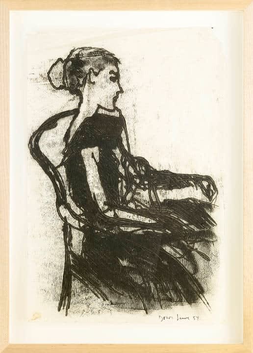 Framed charcoal drawing of a seated young woman in profile, hair in a bun, in a black dress