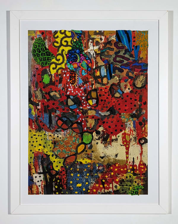 White framed colorful artwork comprised of oil and patterned fabric on print in a "neo-African abstract expressionist" mode
