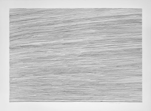 Graphite on paper with lines creating a wave-like appearance.