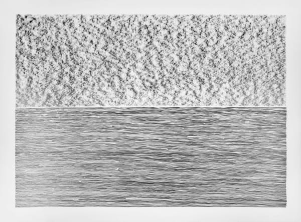 Graphite on paper drawing in which one half reveals the texture of the underlying paper through thick uniform strokes and other half containing horizontal lines