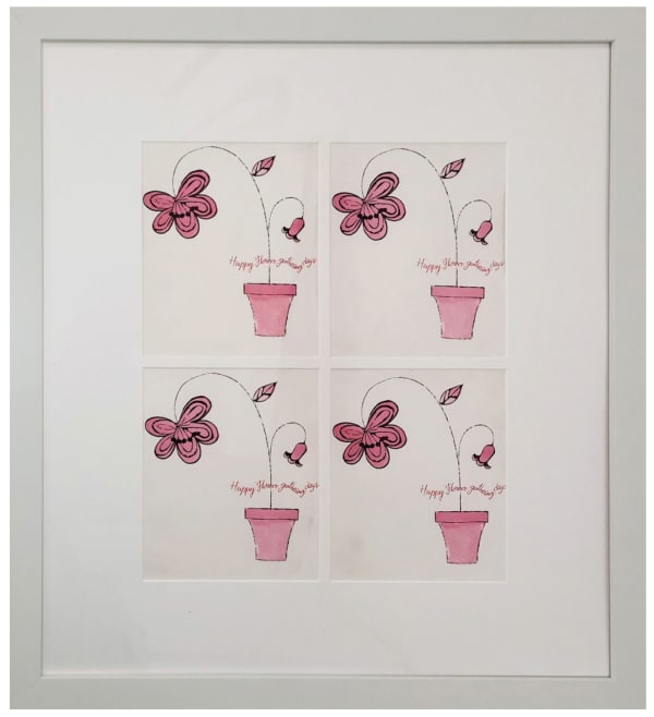 White framed lithograph in four quadrants each with a pink flower in a pink pot