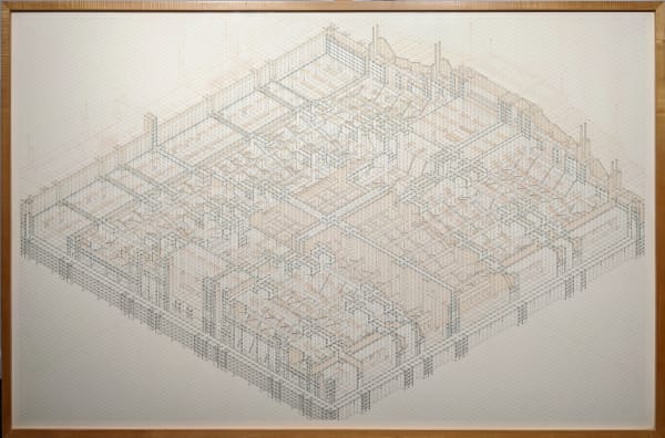 Framed ink drawing of architectural plan