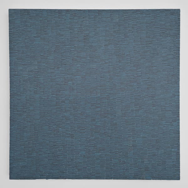 Oil on canvas blue painting with intricate black patterned lines.