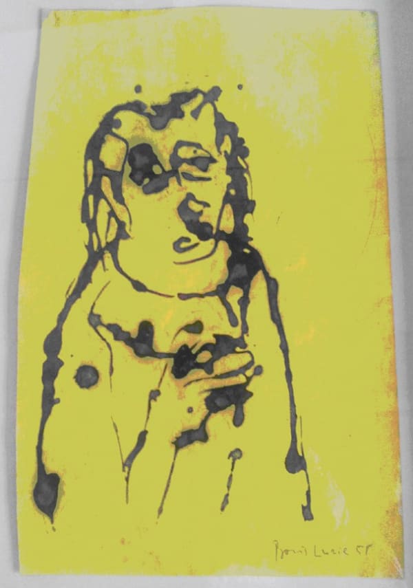 Black ink on paper line artwork of a stylized seated person on yellow background