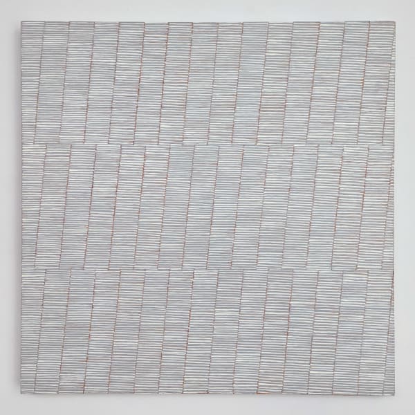 Oil on canvas painting of sectioned small colorful lines broken up by red lines.