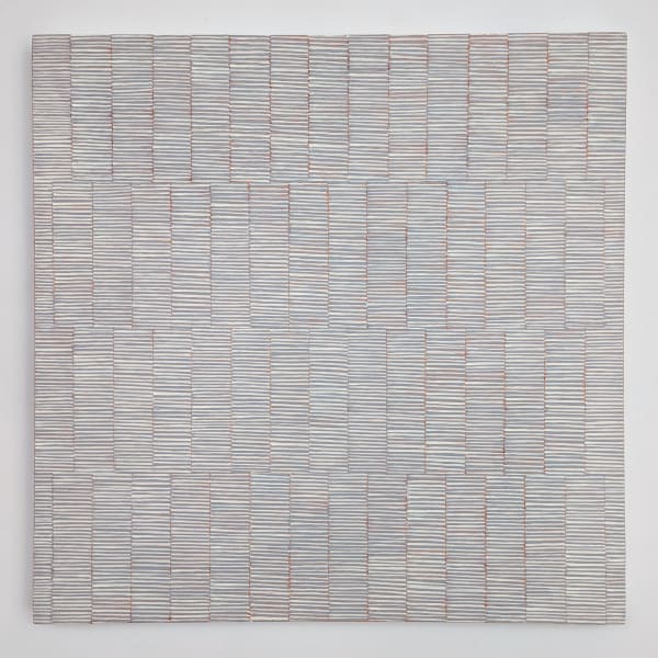 Oil on canvas painting of sectioned small colorful lines.