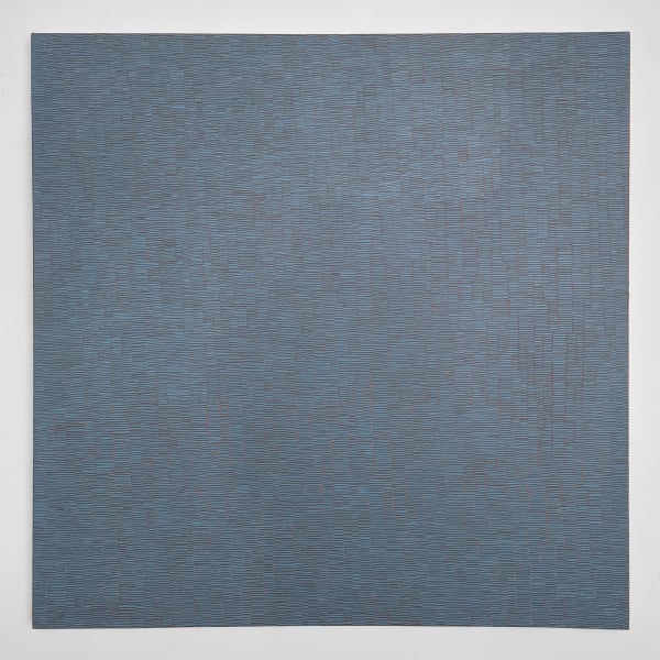 Oil on canvas painting of blue lines forming a waving pattern.