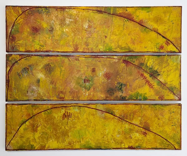 Large three part yellow piece with red and green detailing and similar red semi circles scaling across each part