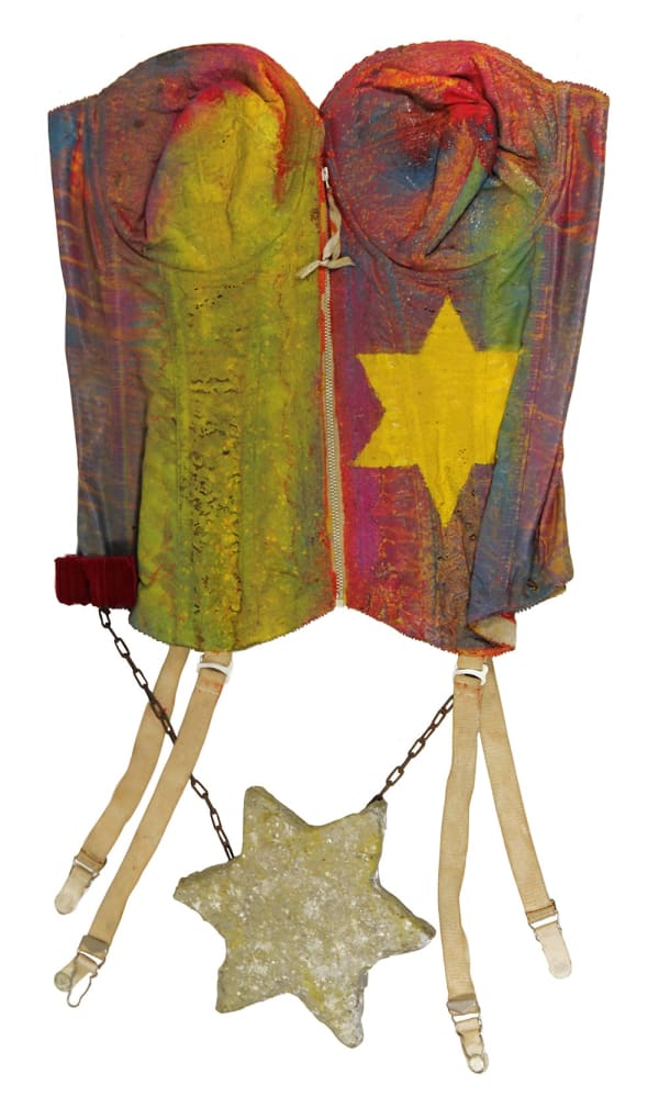 Green, red painted corset with yellow Star of David and Star of David cement block dangling on chains below