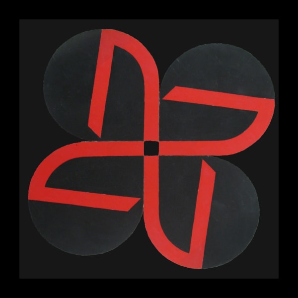 Acrylic on ragboard of quatrefoil shape in bright red, and dark grey against a black background