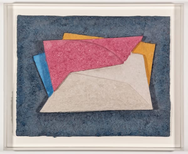 Abstract cast paper relief artwork composed of overlapping textured layers in tan tones, featuring a central composition of geometric forms. The work emphasizes dimensionality through subtle shadows and organic, deckled edges.