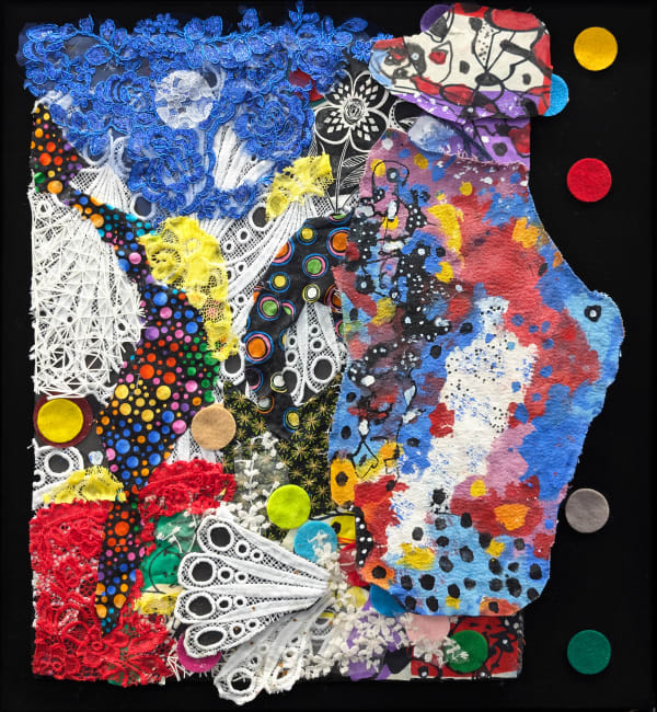 Colorful, irregularly shaped Neo-African Abstract Expressionist multimedia painting comprising oil paint and fabric of different patterns on bark cloth