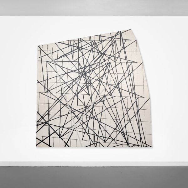 White acrylic painting on an irregularly-shaped masonite board with thin, overlaid black grid lines and thicker stright black lines in an erratic pattern