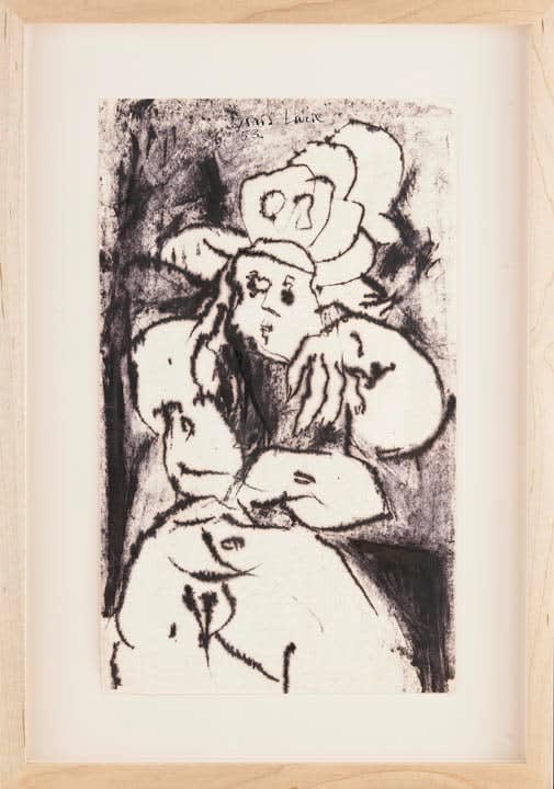 Framed oilstick on paper of a row of people seen in perspective, on dark background