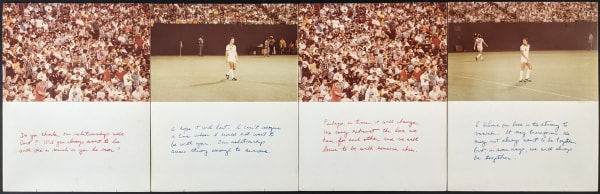 Four chromogenic color prints alternating between a crowd and a close up of a soccer player, mounted on board with handwritten text in pastel