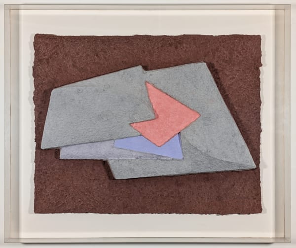 Abstract cast paper relief artwork composed of overlapping textured layers in tan tones, featuring a central composition of geometric forms. The work emphasizes dimensionality through subtle shadows and organic, deckled edges.