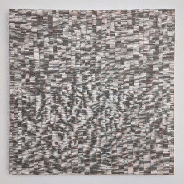 Oil on canvas with small waves of small colorful lines.