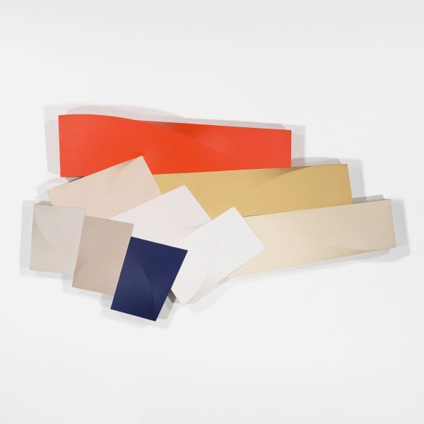 Tridimensional painting of interconnected parallelepipeds, (vermillion, beiges, navy blue, sienna, white)