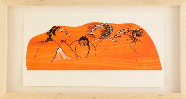Framed ink line drawing of four women, three are profiles, on orange background, irregular shaped paper