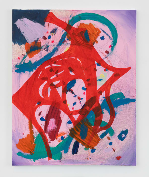 Oil, acrylic, and crayon on canvas of pink, red, blue, and purple shapes intertwined with one another