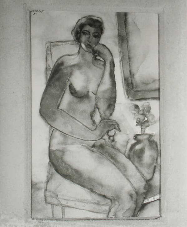 Black and white photograph of a painting of a nude woman sitting on a chair, titled "Nude with Canvas and Chair" by Fernando Botero