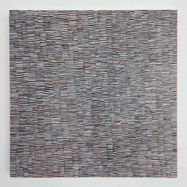 Oil on canvas, miniature gray and black lines with hints of warmth, patterned.