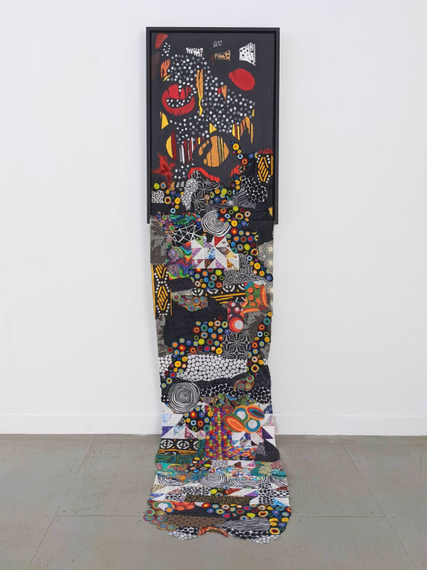 Colorful artwork comprised of oil paint and patterned fabric extending past the bottom of the canvas in a "neo-African abstract expressionist" mode