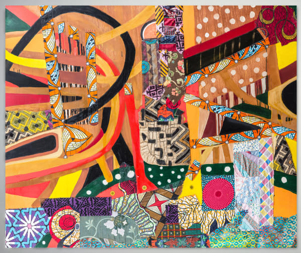 A colorful artwork comprised of oil paint and patterned fabric affixed to canvas in a "neo-African abstract expressionist" mode