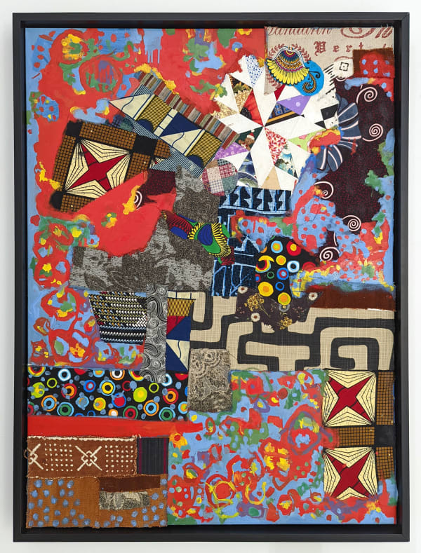 Framed colorful artwork comprised of oil paint and patterned fabric canvas in a "neo-African abstract expressionist" mode