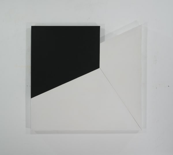 Tridimensional painting of a black and white prism with quadrilateral sides coming to a point