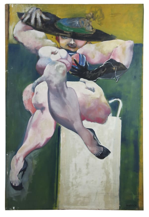 Stylized image of a sitting nude woman wearing a hat and high heels, on green background