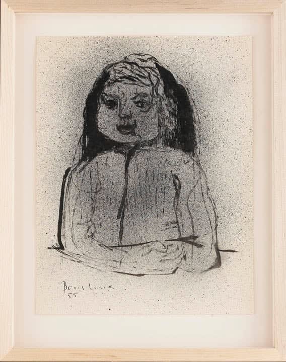 Framed charcoal work on paper of a seated woman with her hands crossed, wearing a dark head-dress