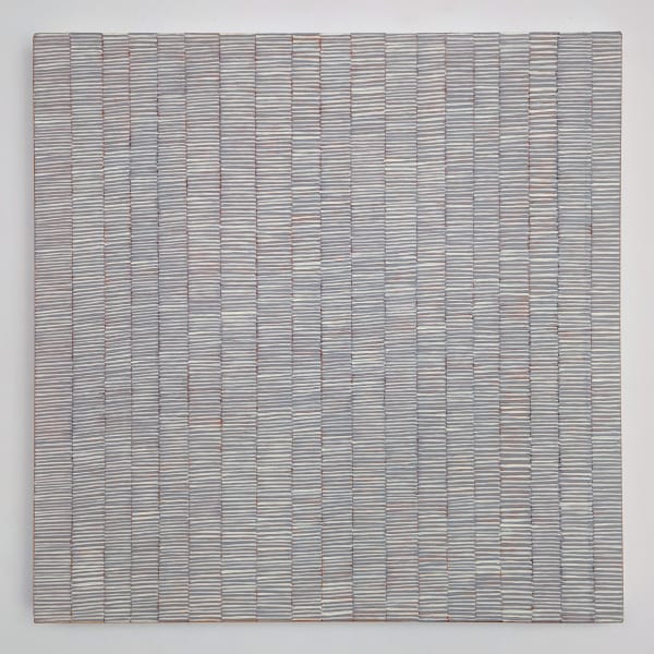 Oil on canvas, colorful small lines divided into sections.
