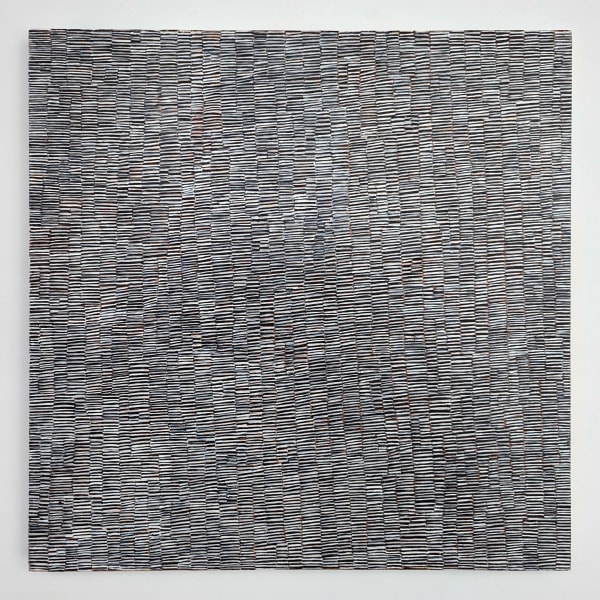 Oil on canvas, miniature gray and black lines patterned.