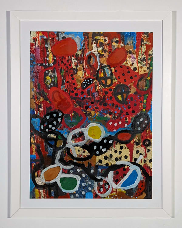White framed colorful artwork comprised of oil and patterned fabric on print in a "neo-African abstract expressionist" mode