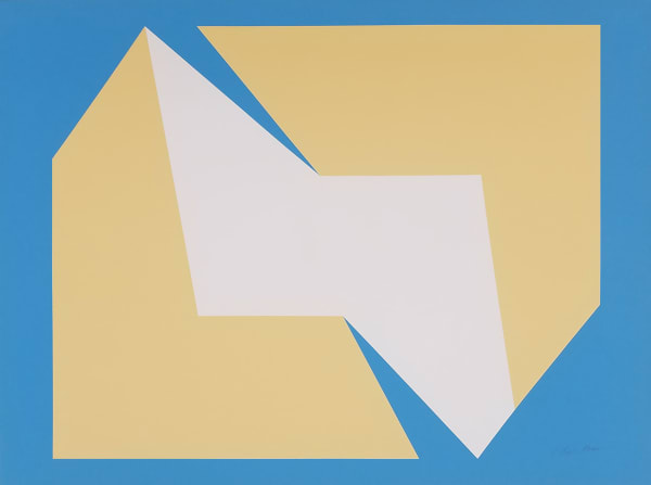 Print of two interconnected prisms, yellow and white, on blue background
