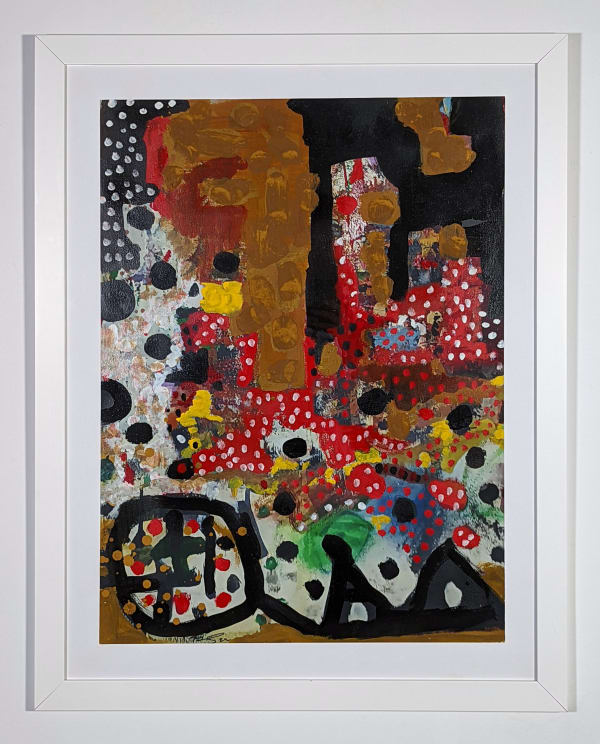 White framed colorful artwork comprised of oil and patterned fabric on print in a "neo-African abstract expressionist" mode
