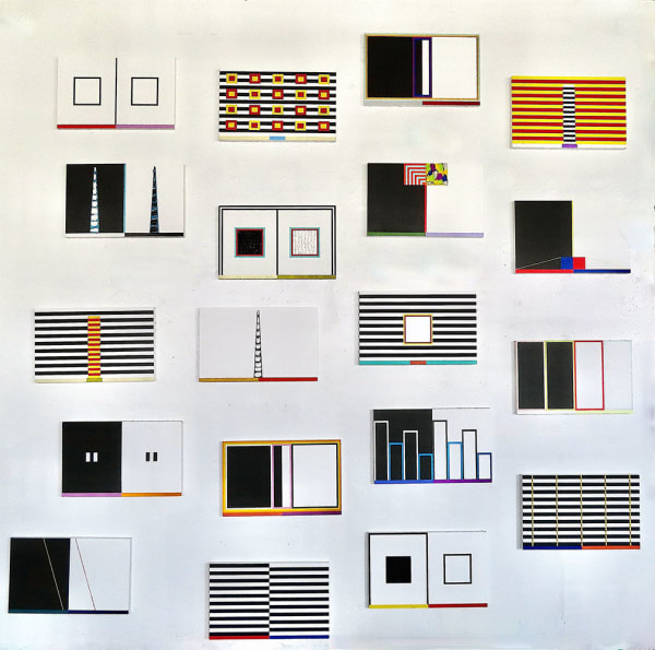 Array of multi-colored, paintings comprised of geometric forms mounted on a wall